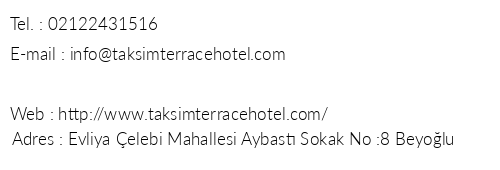 Taksim Terrace Hotel telefon numaralar, faks, e-mail, posta adresi ve iletiim bilgileri